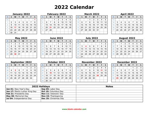 2022 Calendar With Federal Holidays Printable